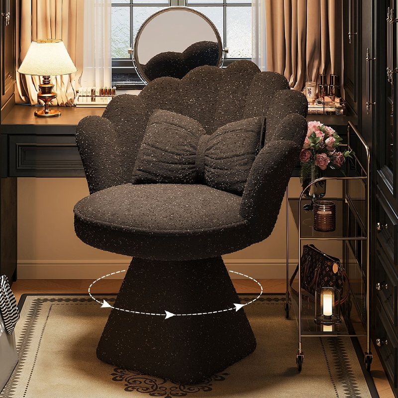 Taburete giratorio de tocador con forma de pétalo, de terciopelo y madera maciza de estilo francés tradicional, con respaldo y sin brazos, para dormitorio 