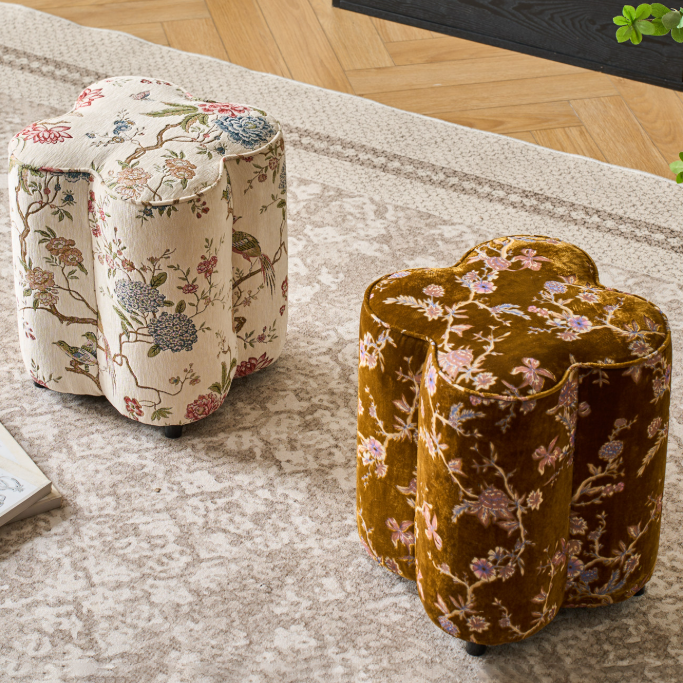Traditional Chinese Pine Wood Sponge Chenille Velvet Petal-Shaped Low Stool Backless Armless For Entryway &amp; Hallway