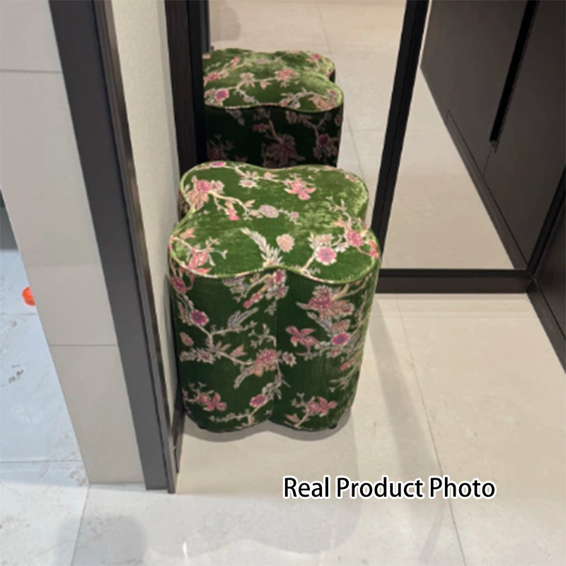 Traditional Chinese Pine Wood Sponge Chenille Velvet Petal-Shaped Low Stool Backless Armless For Entryway &amp; Hallway