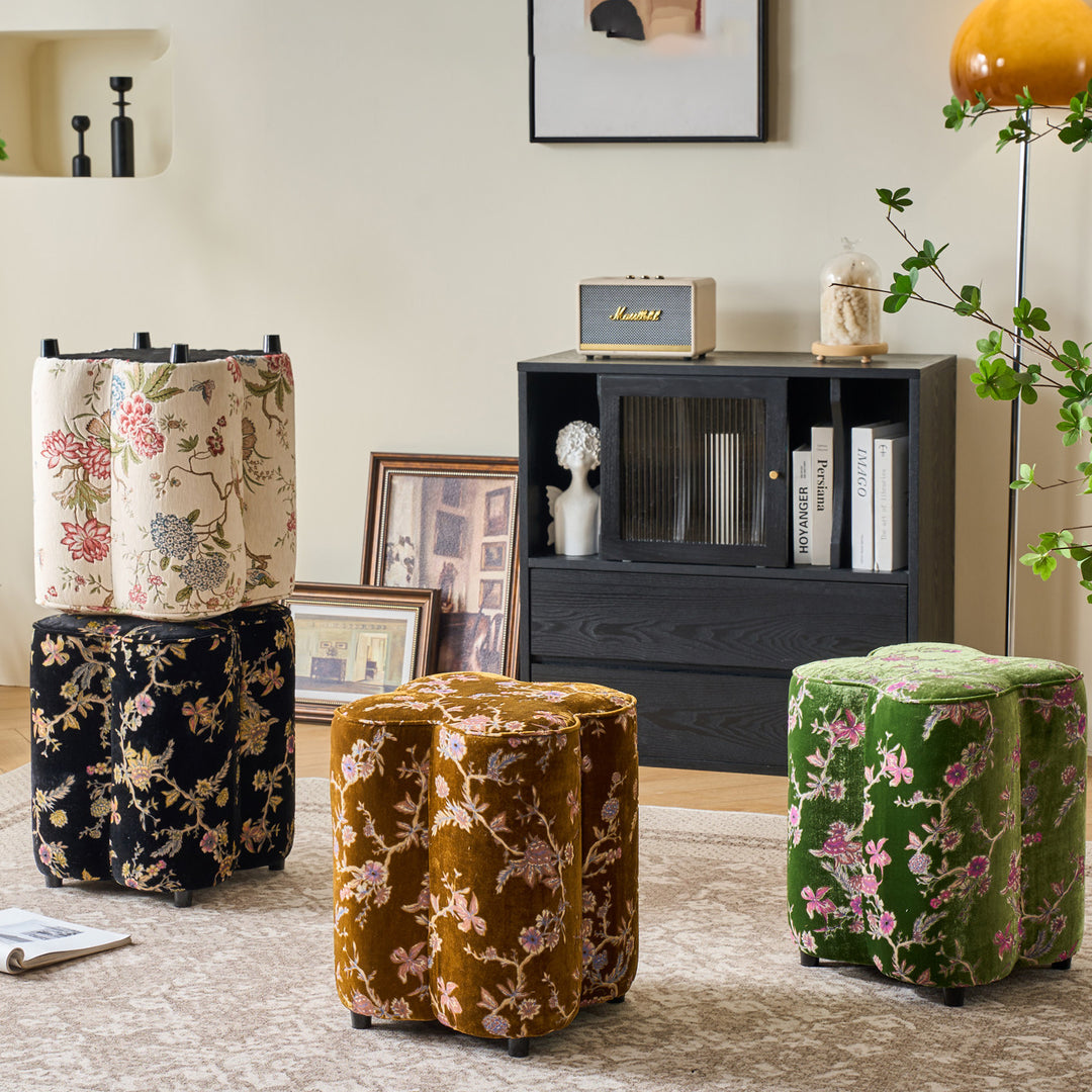 Traditional Chinese Pine Wood Sponge Chenille Velvet Petal-Shaped Low Stool Backless Armless For Entryway &amp; Hallway