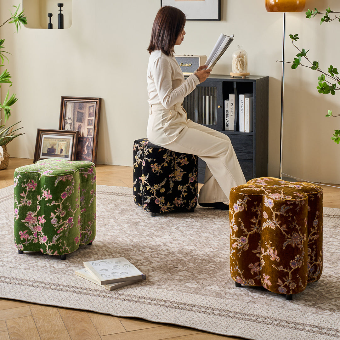 Traditional Chinese Pine Wood Sponge Chenille Velvet Petal-Shaped Low Stool Backless Armless For Entryway &amp; Hallway