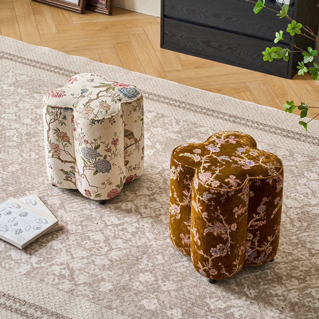 Traditional Chinese Pine Wood Sponge Chenille Velvet Petal-Shaped Low Stool Backless Armless For Entryway &amp; Hallway