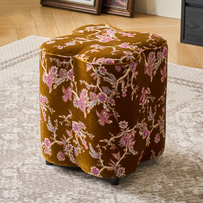 Traditional Chinese Pine Wood Sponge Chenille Velvet Petal-Shaped Low Stool Backless Armless For Entryway &amp; Hallway