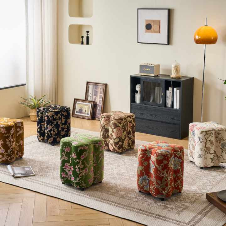 Traditional Chinese Pine Wood Sponge Chenille Velvet Petal-Shaped Low Stool Backless Armless For Entryway &amp; Hallway