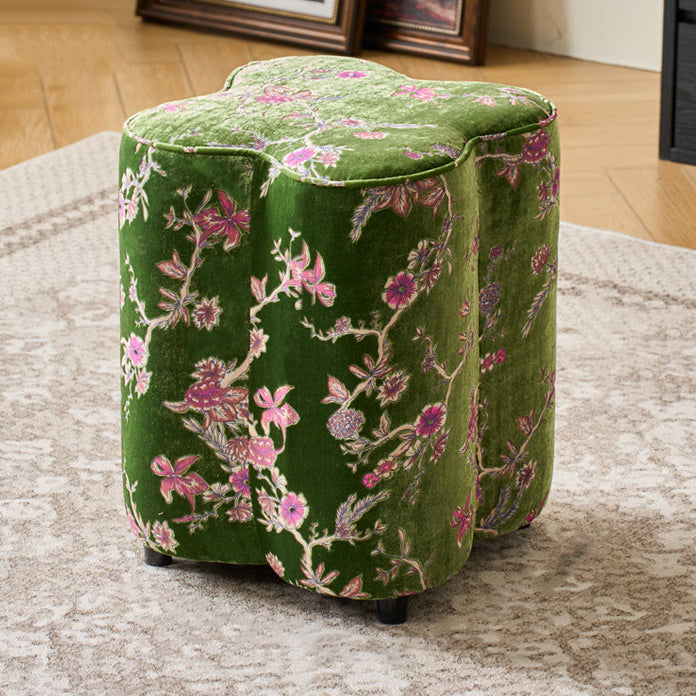 Traditional Chinese Pine Wood Sponge Chenille Velvet Petal-Shaped Low Stool Backless Armless For Entryway &amp; Hallway