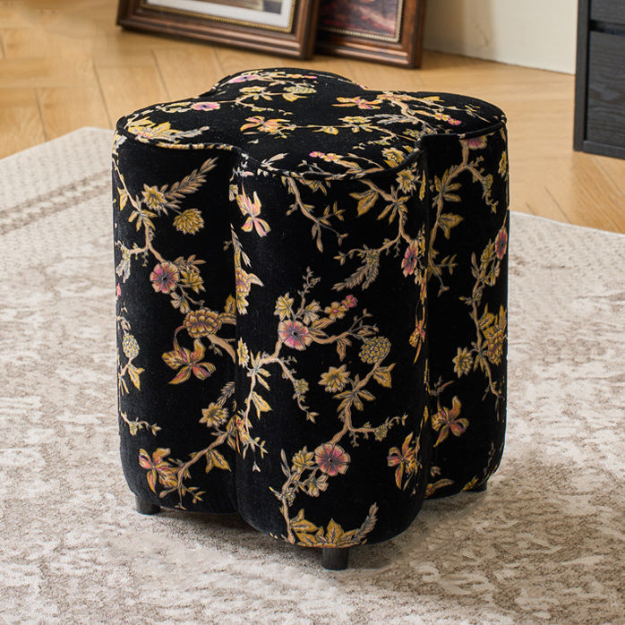 Traditional Chinese Pine Wood Sponge Chenille Velvet Petal-Shaped Low Stool Backless Armless For Entryway &amp; Hallway