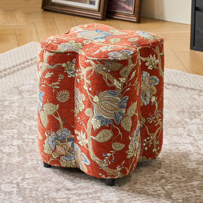 Traditional Chinese Pine Wood Sponge Chenille Velvet Petal-Shaped Low Stool Backless Armless For Entryway &amp; Hallway
