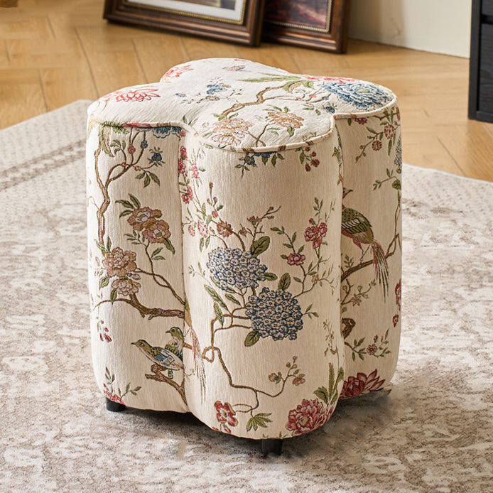Traditional Chinese Pine Wood Sponge Chenille Velvet Petal-Shaped Low Stool Backless Armless For Entryway &amp; Hallway