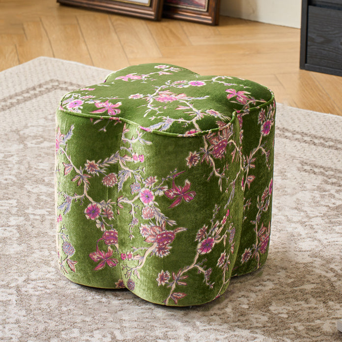 Traditional Chinese Pine Wood Sponge Chenille Velvet Petal-Shaped Low Stool Backless Armless For Entryway &amp; Hallway