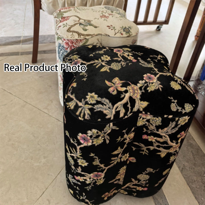 Traditional Chinese Pine Wood Sponge Chenille Velvet Petal-Shaped Low Stool Backless Armless For Entryway &amp; Hallway