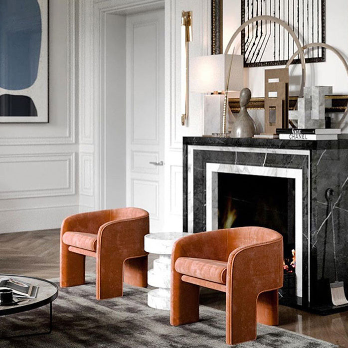 Contemporary Creative Velvet Wood Square-Cushion Semi-Backrest Accent Chair For Living Room & Dining Room