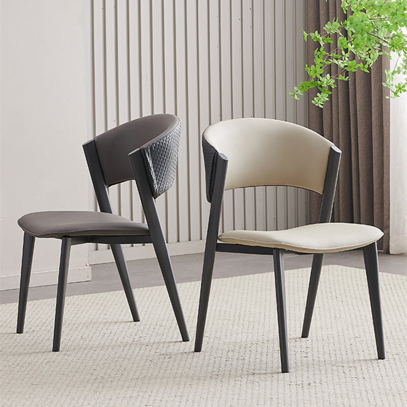 Contemporary Scandinavian Leather Carbon Steel Metal Curved Square Dining Chair With Backrest For Living Room & Dining Room