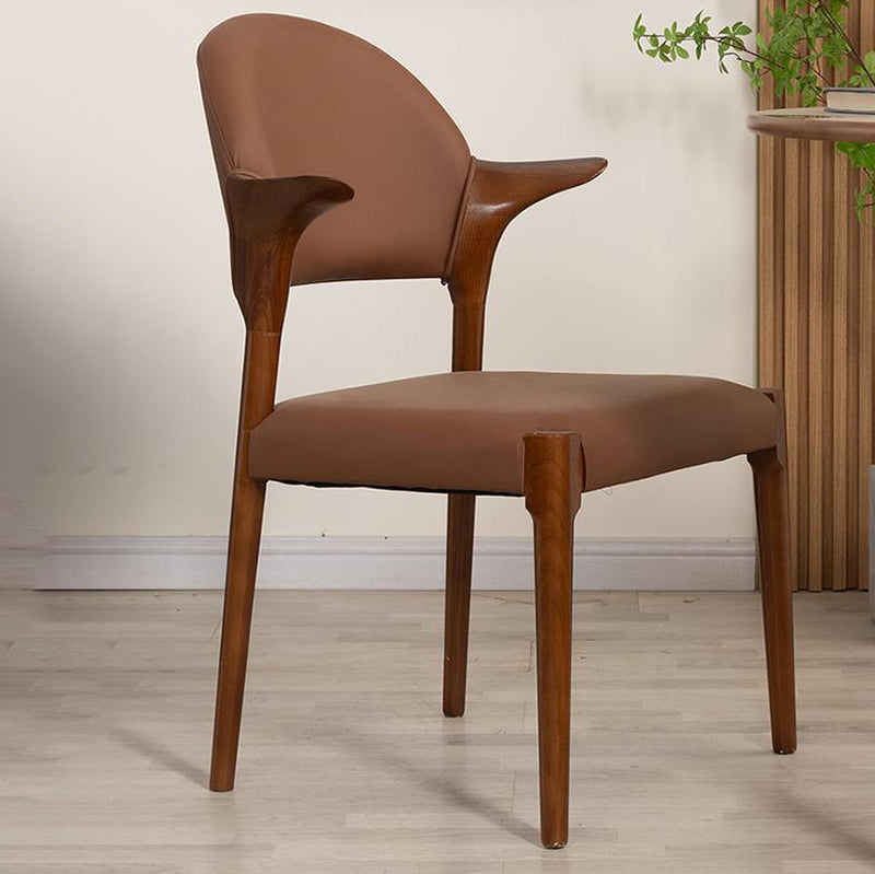 Traditional Chinese Leather Solid Wood Horn-Shaped Rounded Square Dining Chair With Curved Back For Living Room & Dining Room