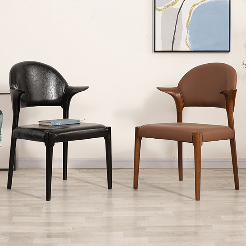 Traditional Chinese Leather Solid Wood Horn-Shaped Rounded Square Dining Chair With Curved Back For Living Room & Dining Room
