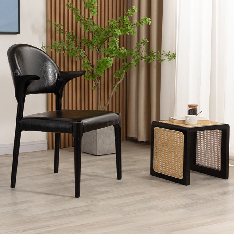Traditional Chinese Leather Solid Wood Horn-Shaped Rounded Square Dining Chair With Curved Back For Living Room & Dining Room