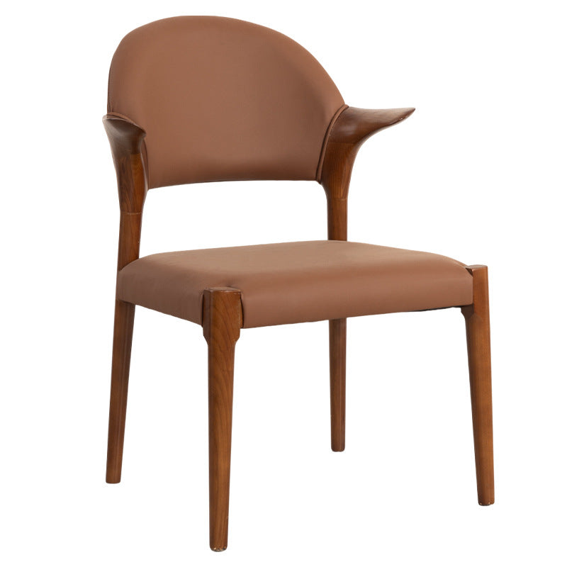 Traditional Chinese Leather Solid Wood Horn-Shaped Rounded Square Dining Chair With Curved Back For Living Room & Dining Room