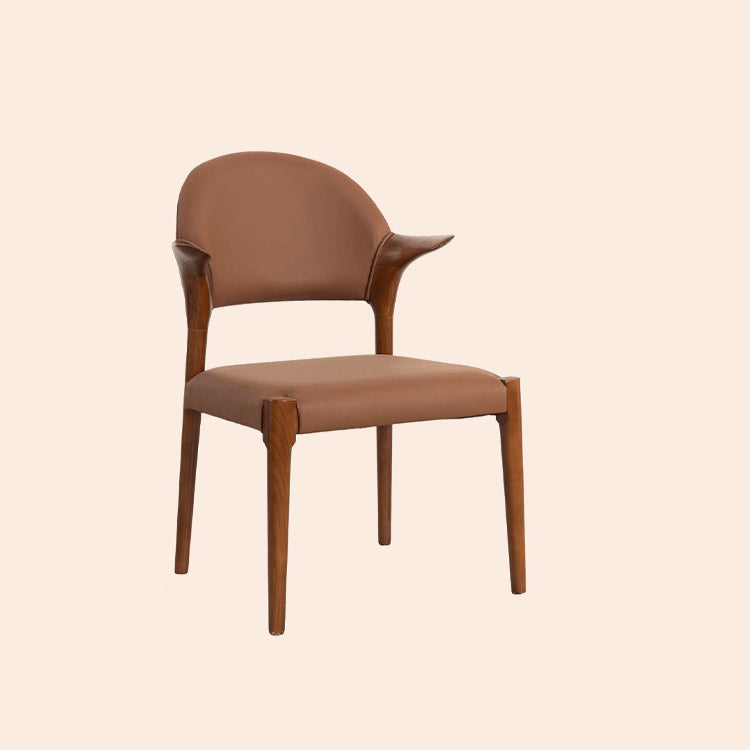 Traditional Chinese Leather Solid Wood Horn-Shaped Rounded Square Dining Chair With Curved Back For Living Room & Dining Room