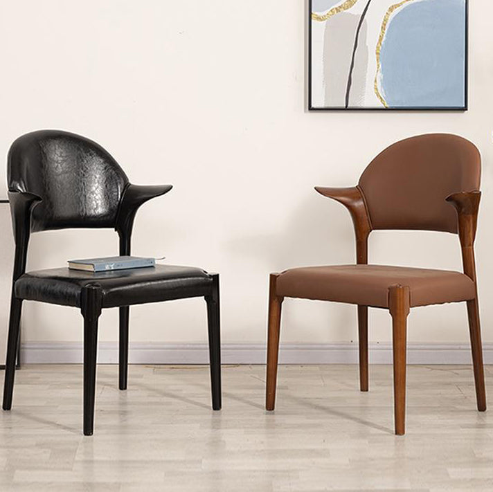 Traditional Chinese Leather Solid Wood Horn-Shaped Rounded Square Dining Chair With Curved Back For Living Room & Dining Room