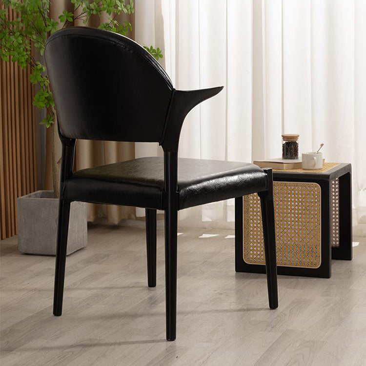 Traditional Chinese Leather Solid Wood Horn-Shaped Rounded Square Dining Chair With Curved Back For Living Room & Dining Room