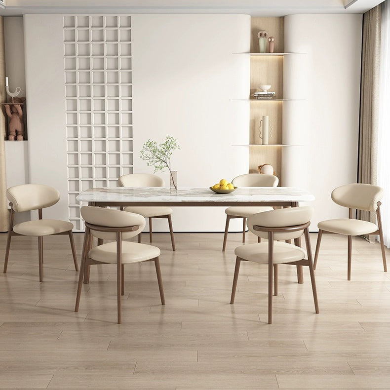 Contemporary Scandinavian Leather Solid Wood Curved Horn Rounded Square Dining Chair With Ergonomic Back For Living Room & Dining Room