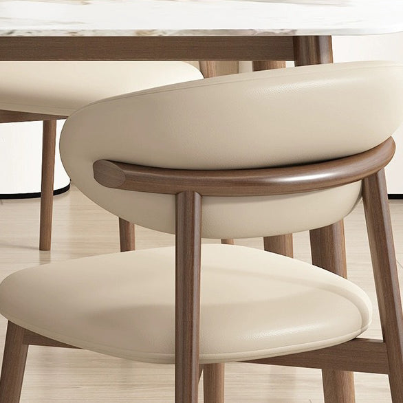 Contemporary Scandinavian Leather Solid Wood Curved Horn Rounded Square Dining Chair With Ergonomic Back For Living Room & Dining Room
