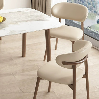 Contemporary Scandinavian Leather Solid Wood Curved Horn Rounded Square Dining Chair With Ergonomic Back For Living Room & Dining Room