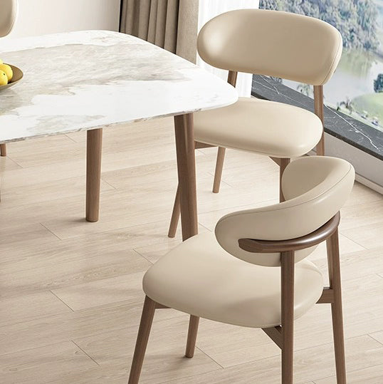 Contemporary Scandinavian Leather Solid Wood Curved Horn Rounded Square Dining Chair With Ergonomic Back For Living Room & Dining Room