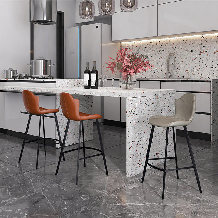 Contemporary Scandinavian Faux Leather Carbon Steel Arched Bar Stool With Backrest For Dining Room &amp; Living Room