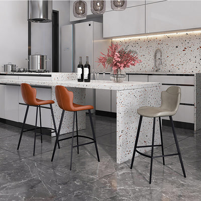 Contemporary Scandinavian Leather Carbon Steel Arched Bar Stool With Backrest For Dining Room & Living Room