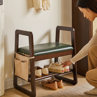 Modern Minimalist Leather Solid Wood Trapezoid Bench Shoe Stool With Armrest 1-Shelf For Living Room