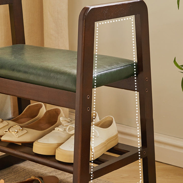 Moderner minimalistischer Leder Massivholz Trapezbank Schuhhocker mit Armlehne 1-Regal für Wohnzimmer 