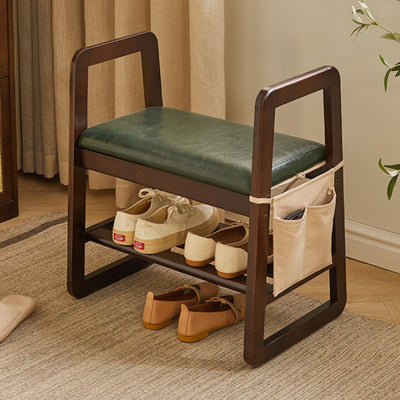 Modern Minimalist Leather Solid Wood Trapezoid Bench Shoe Stool With Armrest 1-Shelf For Living Room