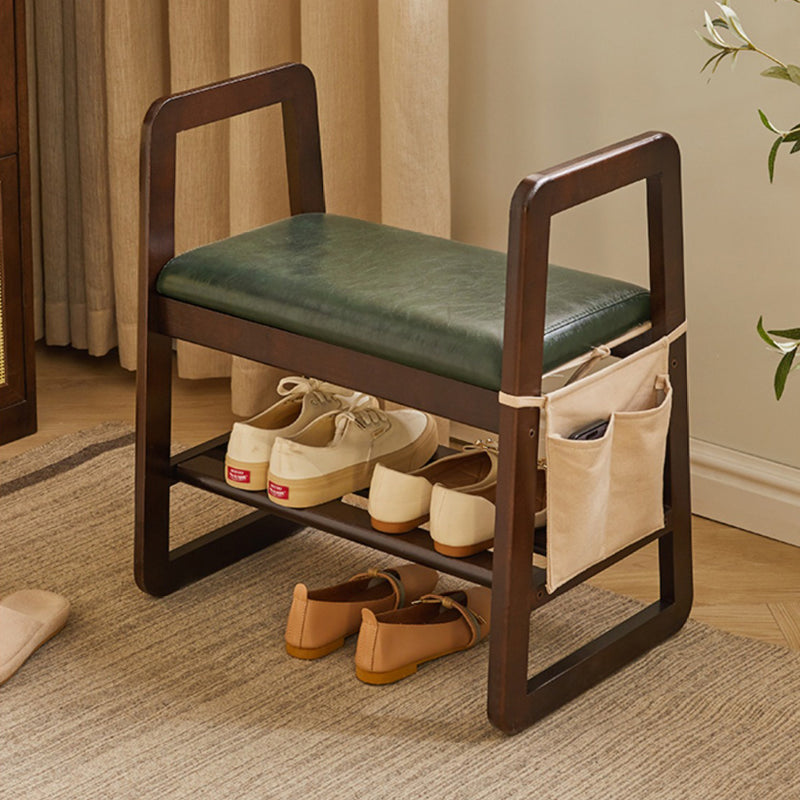 Modern Minimalist Leather Solid Wood Trapezoid Bench Shoe Stool With Armrest 1-Shelf For Living Room