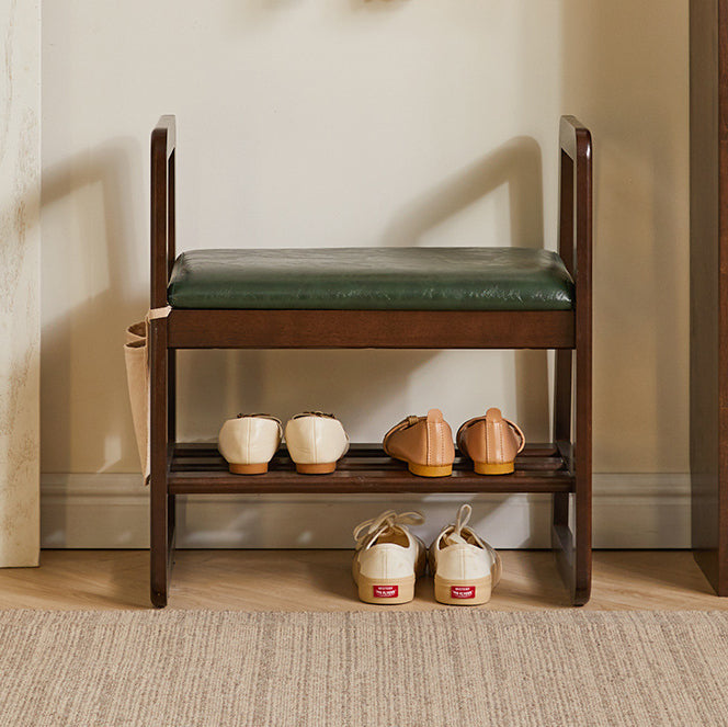 Modern Minimalist Leather Solid Wood Trapezoid Bench Shoe Stool With Armrest 1-Shelf For Living Room