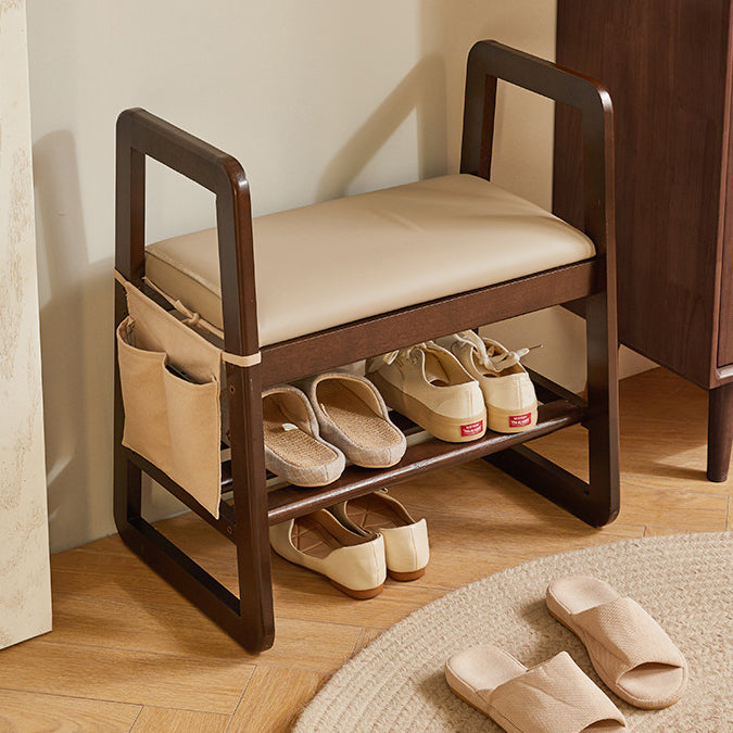 Modern Minimalist Leather Solid Wood Trapezoid Bench Shoe Stool With Armrest 1-Shelf For Living Room