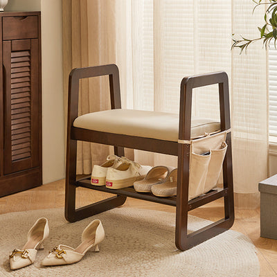 Modern Minimalist Leather Solid Wood Trapezoid Bench Shoe Stool With Armrest 1-Shelf For Living Room