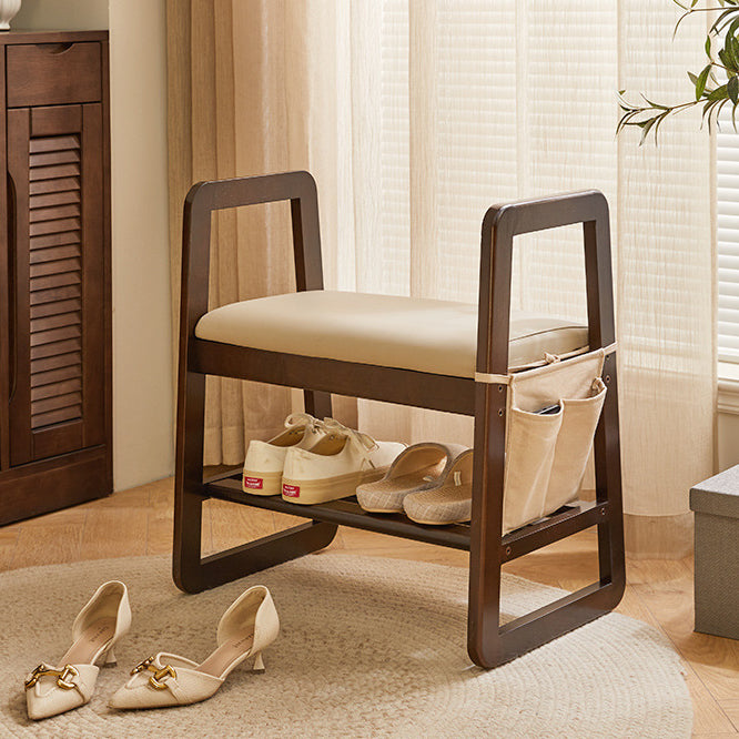 Modern Minimalist Leather Solid Wood Trapezoid Bench Shoe Stool With Armrest 1-Shelf For Living Room