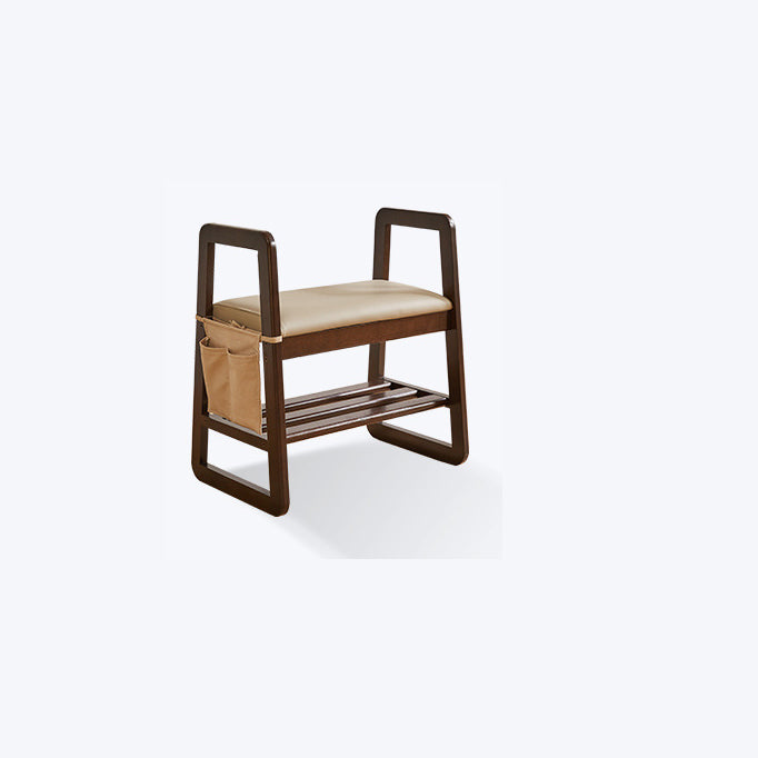 Modern Minimalist Leather Solid Wood Trapezoid Bench Shoe Stool With Armrest 1-Shelf For Living Room