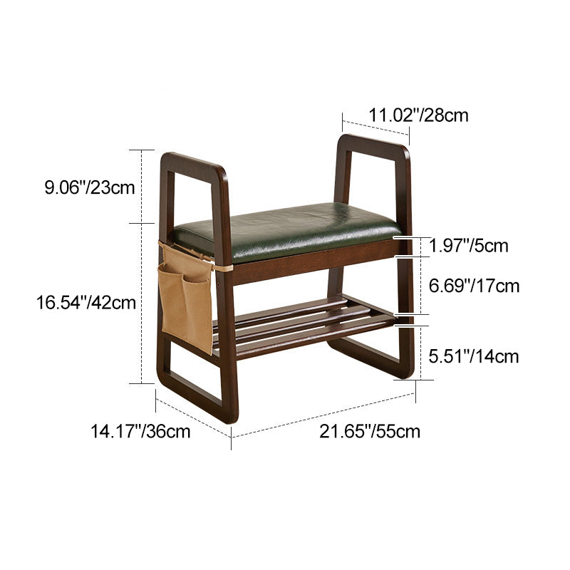 Modern Minimalist Leather Solid Wood Trapezoid Bench Shoe Stool With Armrest 1-Shelf For Living Room