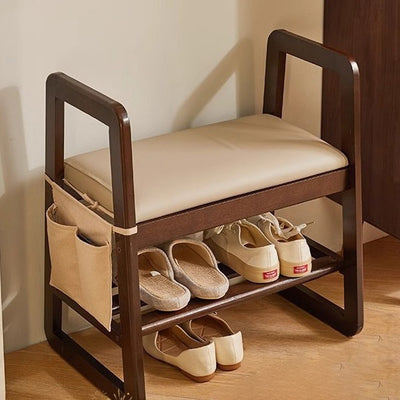 Modern Minimalist Leather Solid Wood Trapezoid Bench Shoe Stool With Armrest 1-Shelf For Living Room