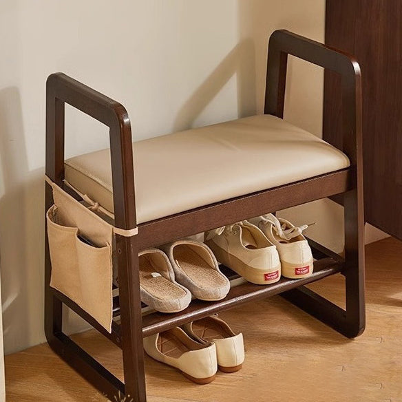 Modern Minimalist Leather Solid Wood Trapezoid Bench Shoe Stool With Armrest 1-Shelf For Living Room