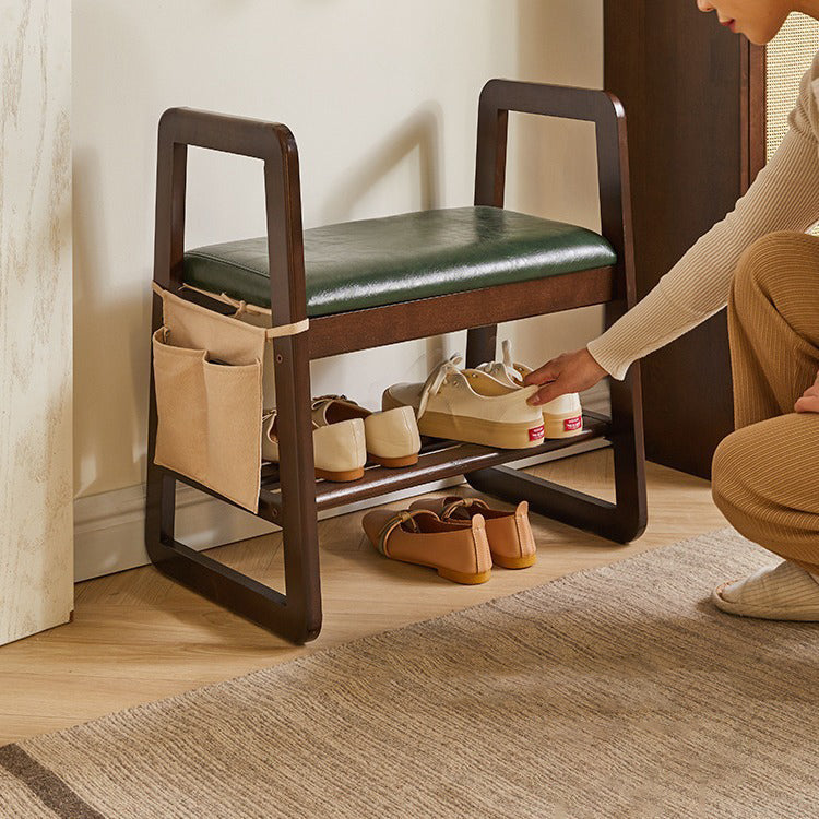 Modern Minimalist Leather Solid Wood Trapezoid Bench Shoe Stool With Armrest 1-Shelf For Living Room