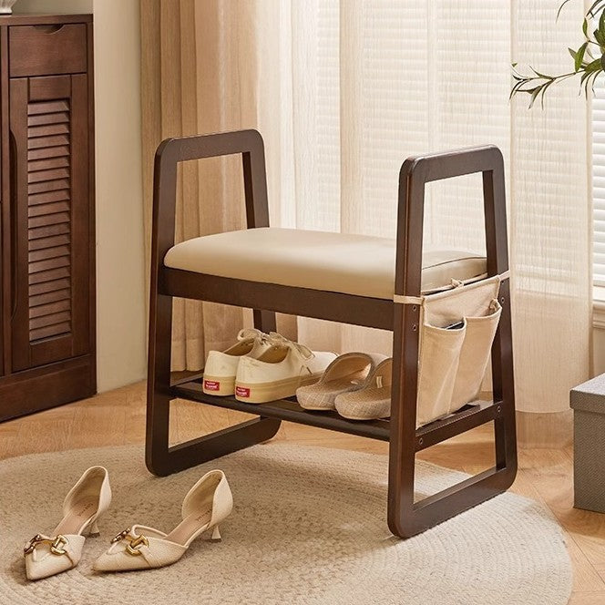 Modern Minimalist Leather Solid Wood Trapezoid Bench Shoe Stool With Armrest 1-Shelf For Living Room