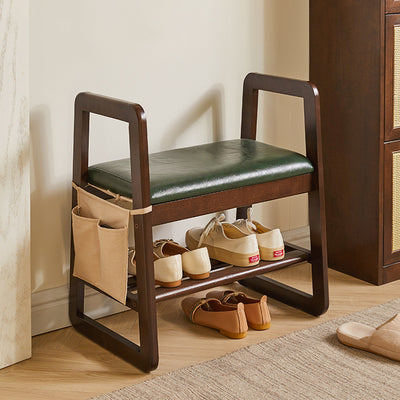Modern Minimalist Leather Solid Wood Trapezoid Bench Shoe Stool With Armrest 1-Shelf For Living Room