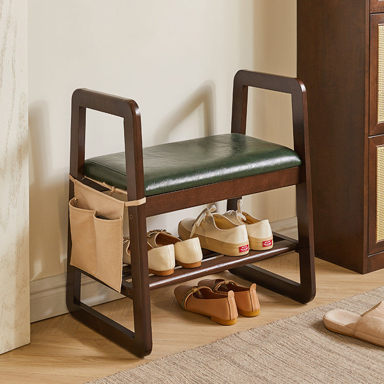 Modern Minimalist Leather Solid Wood Trapezoid Bench Shoe Stool With Armrest 1-Shelf For Living Room