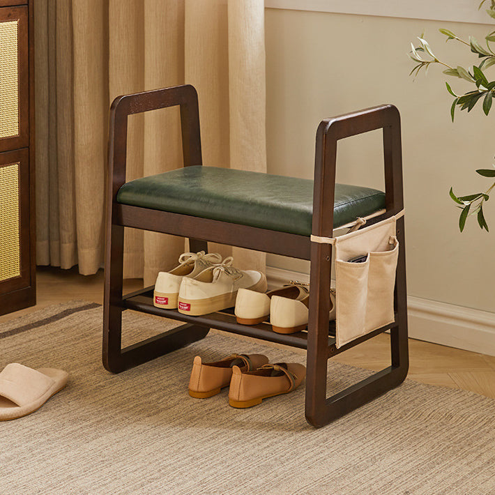 Modern Minimalist Leather Solid Wood Trapezoid Bench Shoe Stool With Armrest 1-Shelf For Living Room