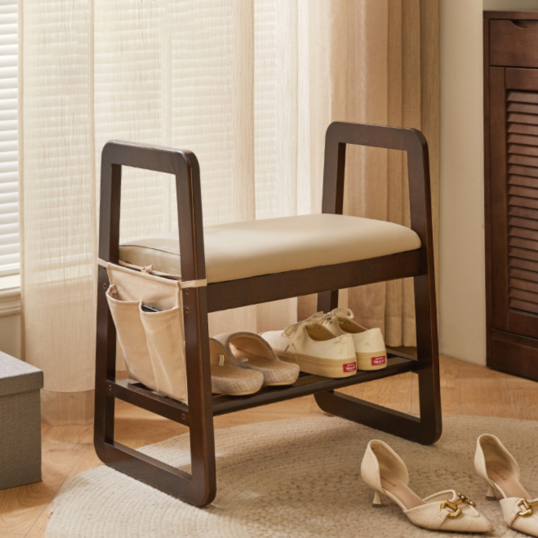 Moderner minimalistischer Leder Massivholz Trapezbank Schuhhocker mit Armlehne 1-Regal für Wohnzimmer 