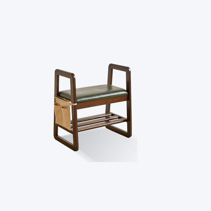 Modern Minimalist Leather Solid Wood Trapezoid Bench Shoe Stool With Armrest 1-Shelf For Living Room
