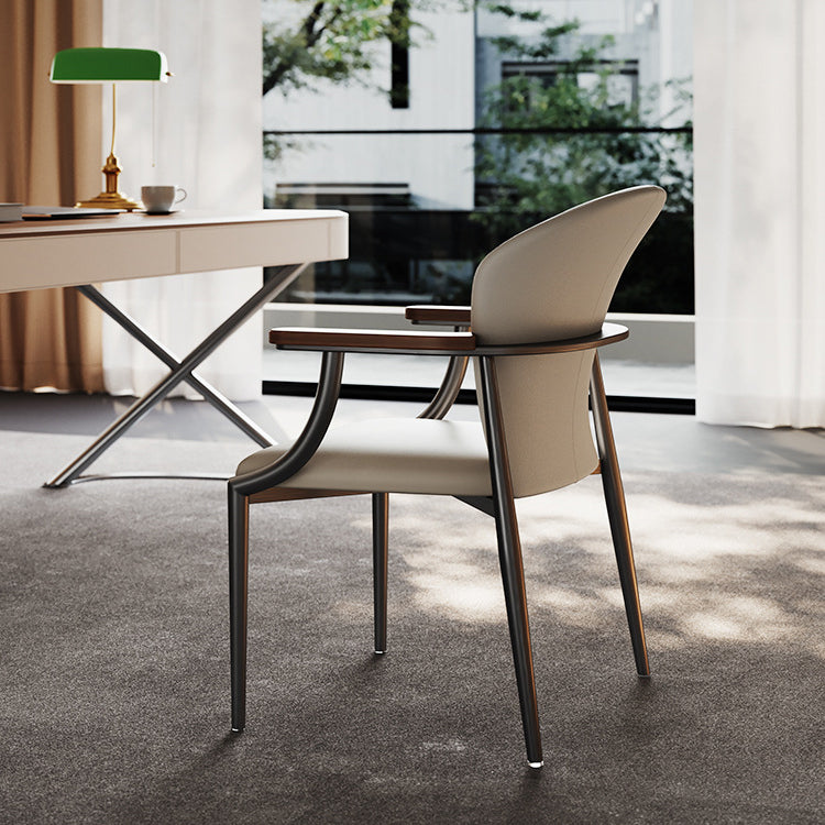 Contemporary Scandinavian Microfiber Leather Walnut Stainless Steel Curved Square Dining Chair With Backrest For Living Room & Dining Room