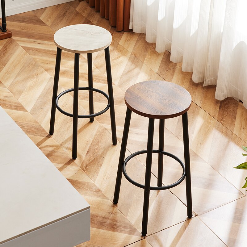 Tabouret de bar rond en bois et fer minimaliste moderne avec repose-pieds pour salon et salle à manger 